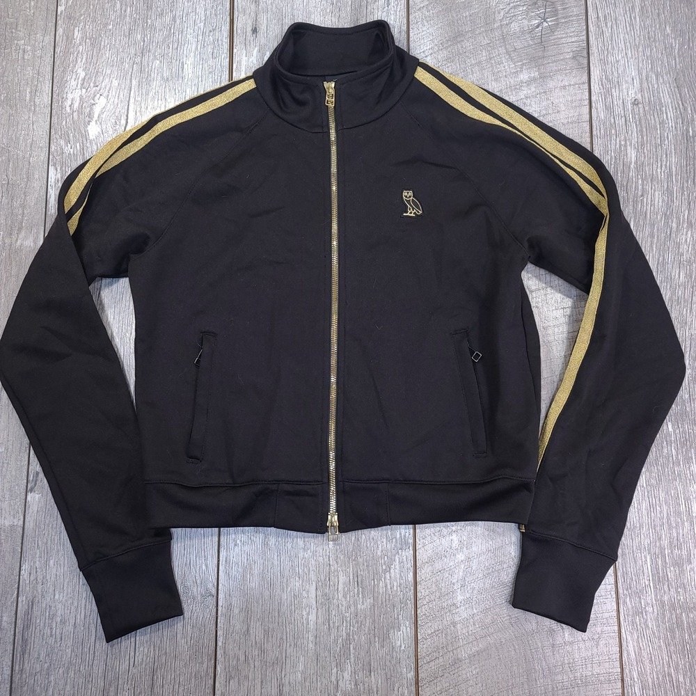 OVO Track Jacket Women Medium Black Gold Glitter Stripe Drake Owl Logo Zip Up